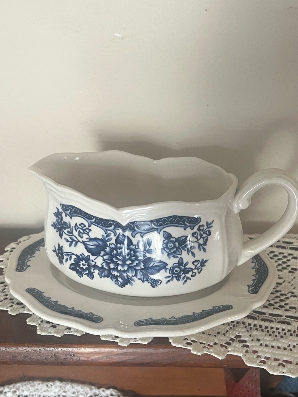 Vintage Sears "Blue Carnation" American Ironstone gravy boat and saucer